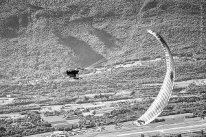 Chambery France (73), August 28, 2014: training above Lake du Bourget for the french paragliding aerobatic championship