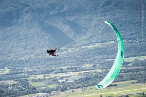 Chambery France (73), August 28, 2014: training above Lake du Bourget for the french paragliding aerobatic championship