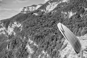 Chambery France (73), September 4, 2014: training above Lake du Bourget - aerobatic paragliding