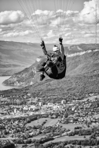 Chambery France (73), August 28, 2014: training above Lake du Bourget for the french paragliding aerobatic championship
